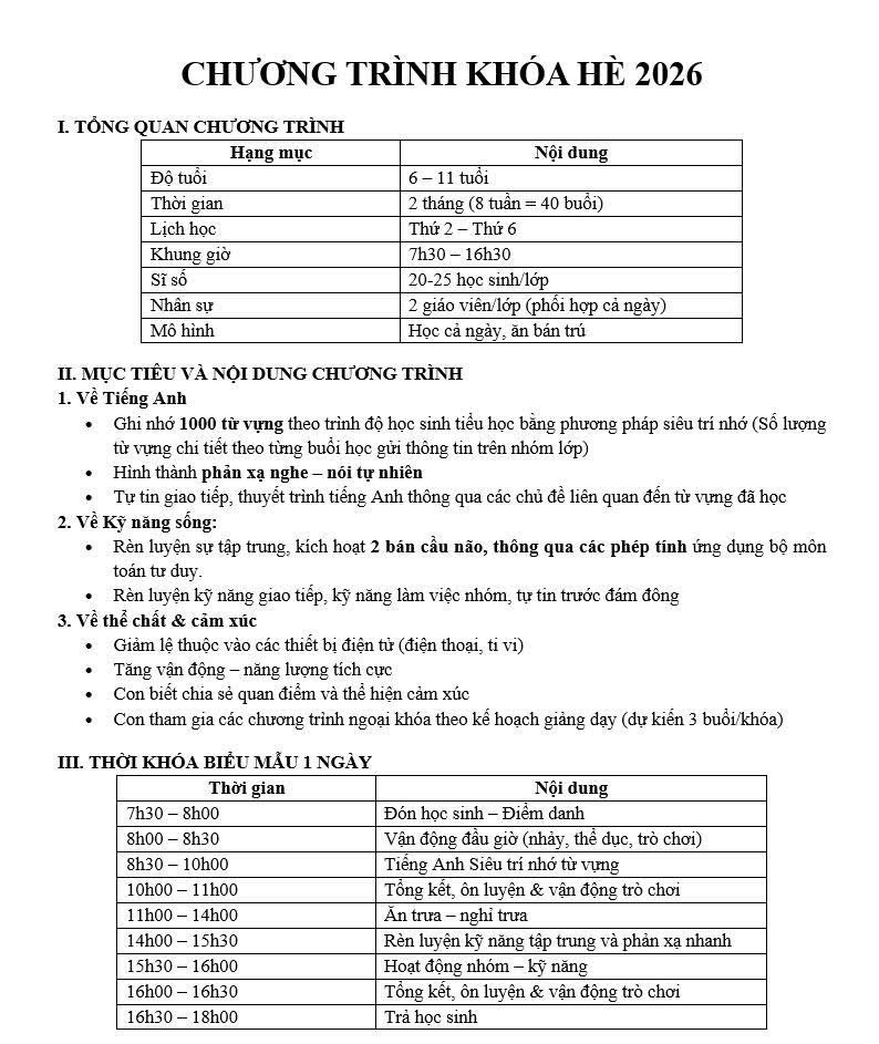 Chương trình Khóa hè 2026 chi tiết: 6-11 tuổi, 2 tháng 40 buổi, T2-T6, thời khóa biểu 1 ngày